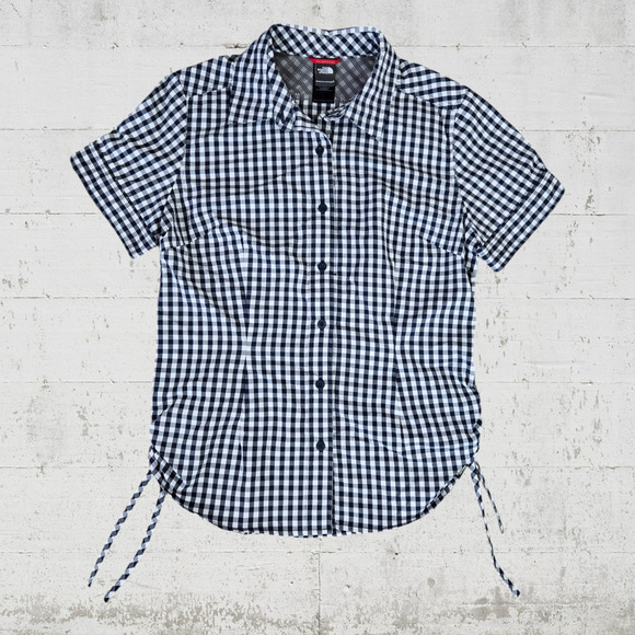North Face Navy White Gingham Plaid Side Cinch Hem Button Down Top Size Medium - Picture 1 of 9